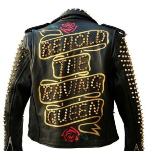 Black Behold the Raving Queen Biker Studded Leather Jacket