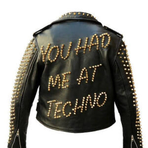Black Biker Studded You Had Me At Techno Leather Jacket