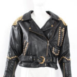 Black Dome Golden Studded Biker Leather Jacket