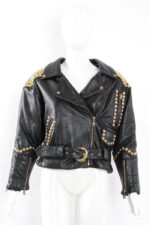 Black Dome Golden Studded Biker Leather Jacket