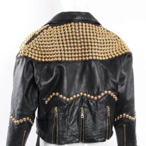 Black Dome Golden Studded Biker Leather Jacket