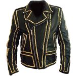 Black Punk Gold Studded Biker Leather Jacket