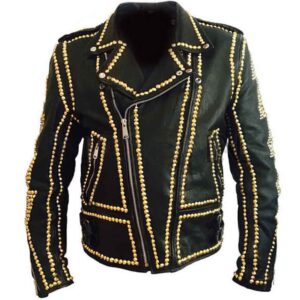 Black Punk Gold Studded Biker Leather Jacket