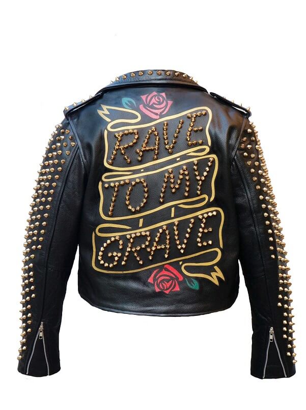 Black Rave To My Grave Biker Studded Leather Jacket (1) Black Rave To My Grave Biker Studded Leather Jacket