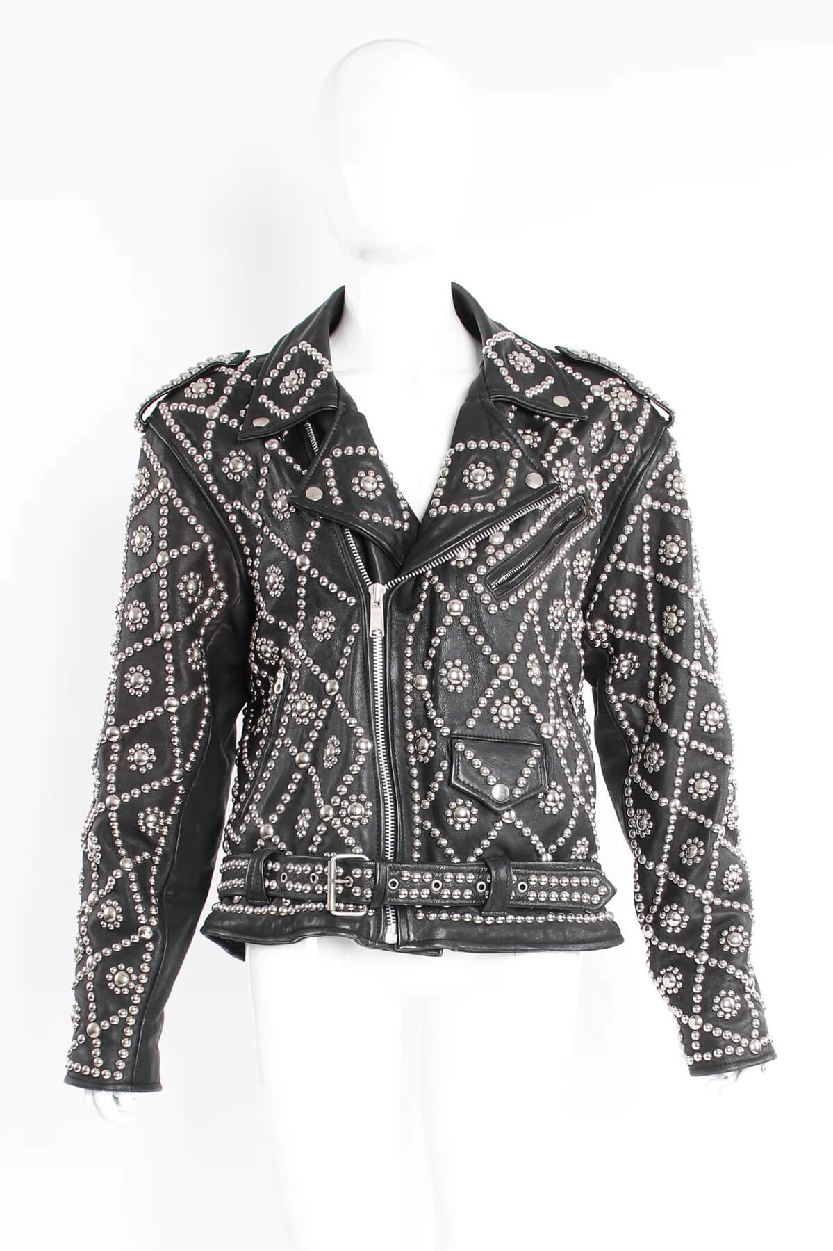 Black Silver Diamond Pattern Studded Biker Leather Jacket (1) Black Silver Diamond Pattern Studded Biker Leather Jacket