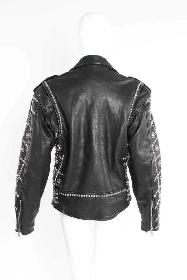 Black Silver Diamond Pattern Studded Biker Leather Jacket