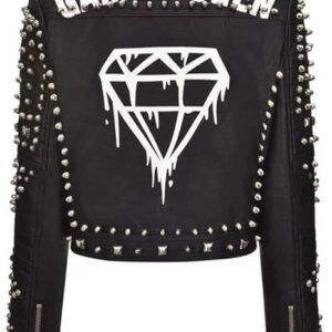 Black Studded Game Queen Diamond Pattern Biker Leather Jacket