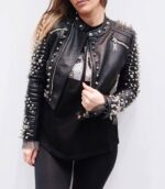Black Studded Nevada Diamond Pattern Cropped Leather Jacket