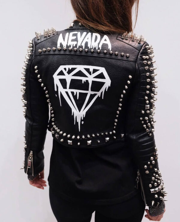 Black Studded Nevada Diamond Pattern Cropped Leather Jacket