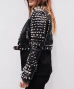 Black Studded Nevada Diamond Pattern Cropped Leather Jacket