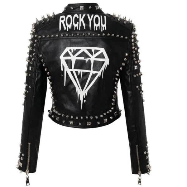 Black Studded Rock You Diamond Pattern Biker Leather Jacket