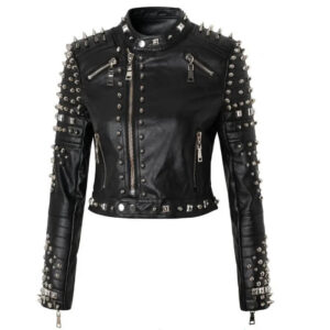 Black Studded Rock You Diamond Pattern Biker Leather Jacket