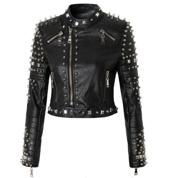 Black Studded Rock You Diamond Pattern Biker Leather Jacket