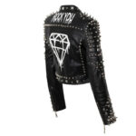Black Studded Rock You Diamond Pattern Biker Leather Jacket