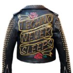 Black Techno Never Sleeps Biker Studded Leather Jacket - Back
