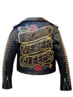 Black Techno Never Sleeps Biker Studded Leather Jacket - Back