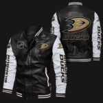 Anaheim Ducks Black White Bomber Leather Jacket