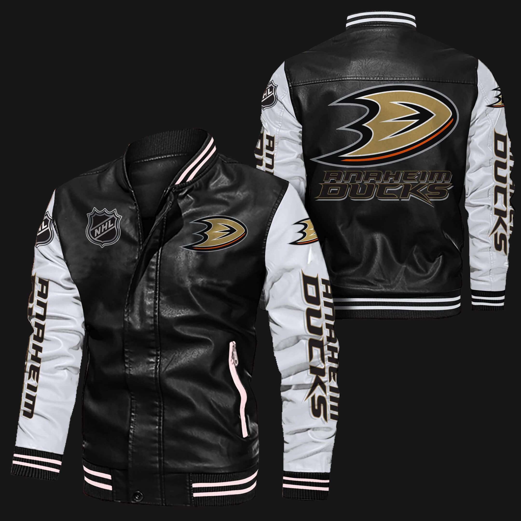 Anaheim Ducks Black White Bomber Leather Jacket Anaheim Ducks Black White Bomber Leather Jacket