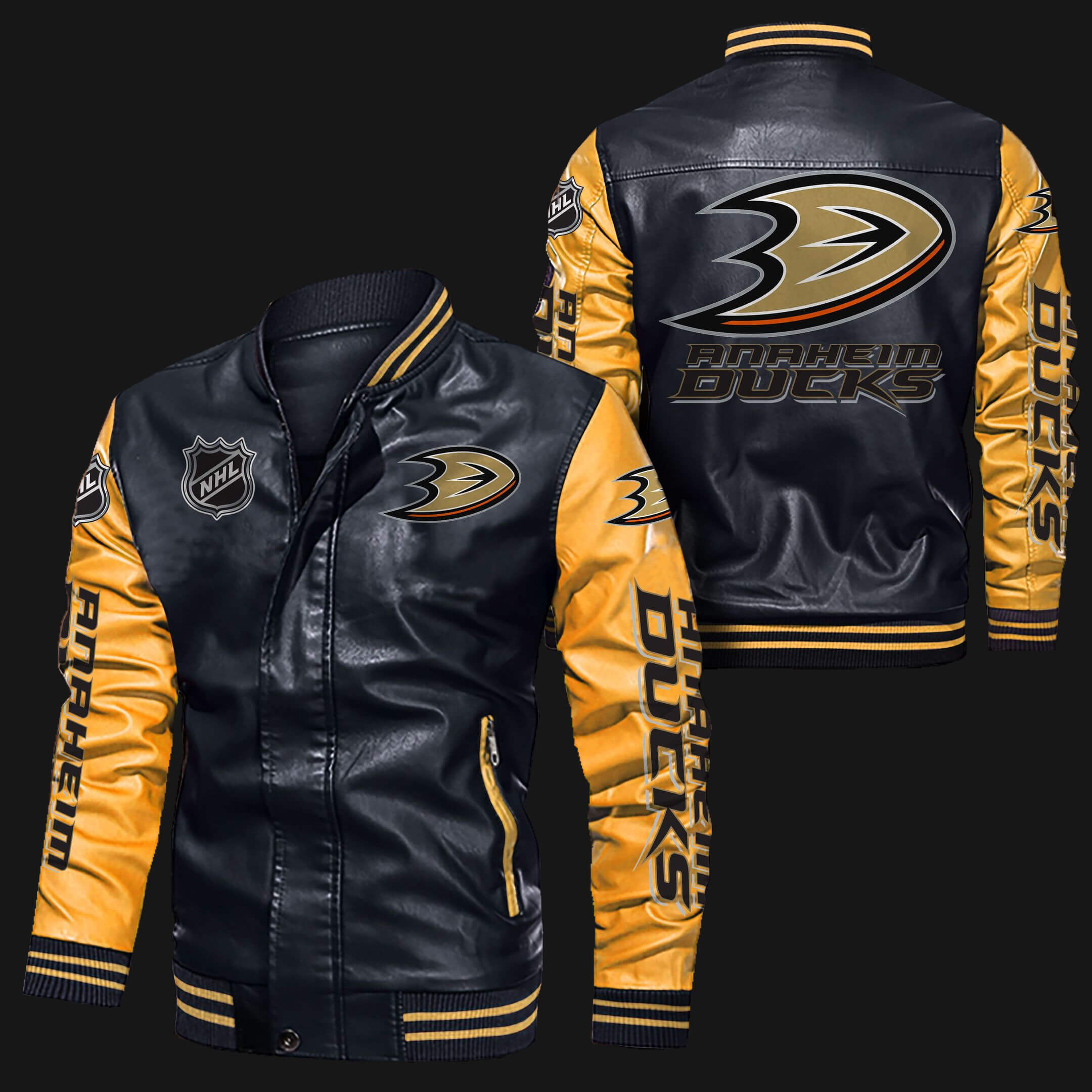 Anaheim Ducks Black Yellow Bomber Leather Jacket Anaheim Ducks Black Yellow Bomber Leather Jacket