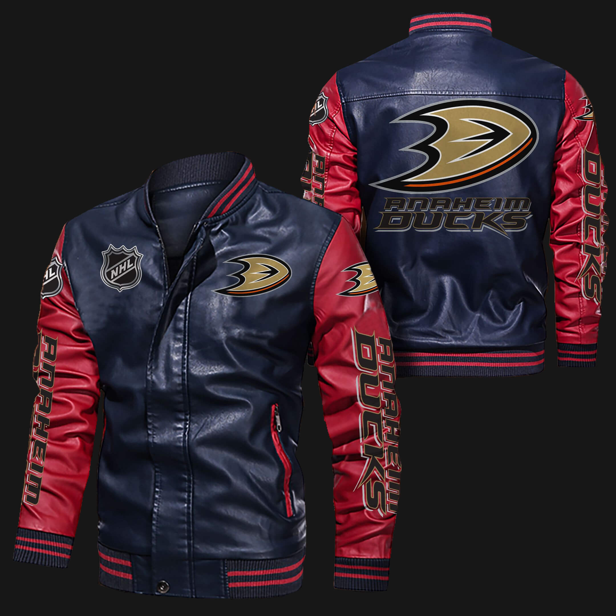 Anaheim Ducks Navy Red Bomber Leather Jacket Anaheim Ducks Navy Red Bomber Leather Jacket