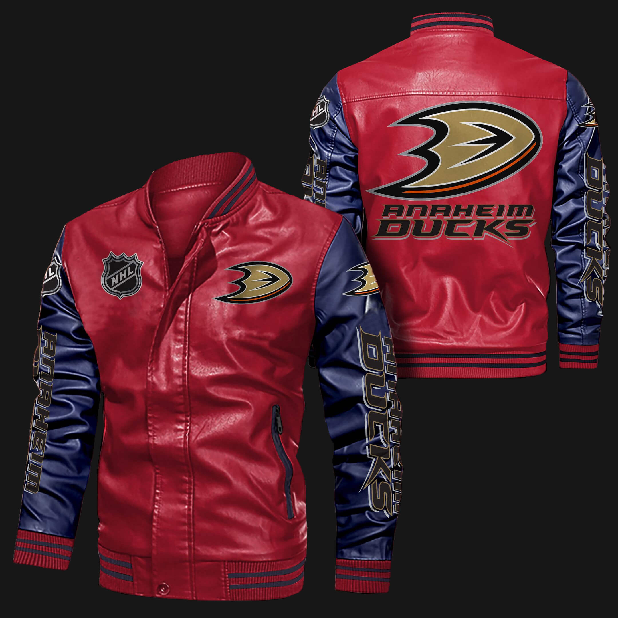 Anaheim Ducks Red Navy Bomber Leather Jacket (5) Anaheim Ducks Red Navy Bomber Leather Jacket