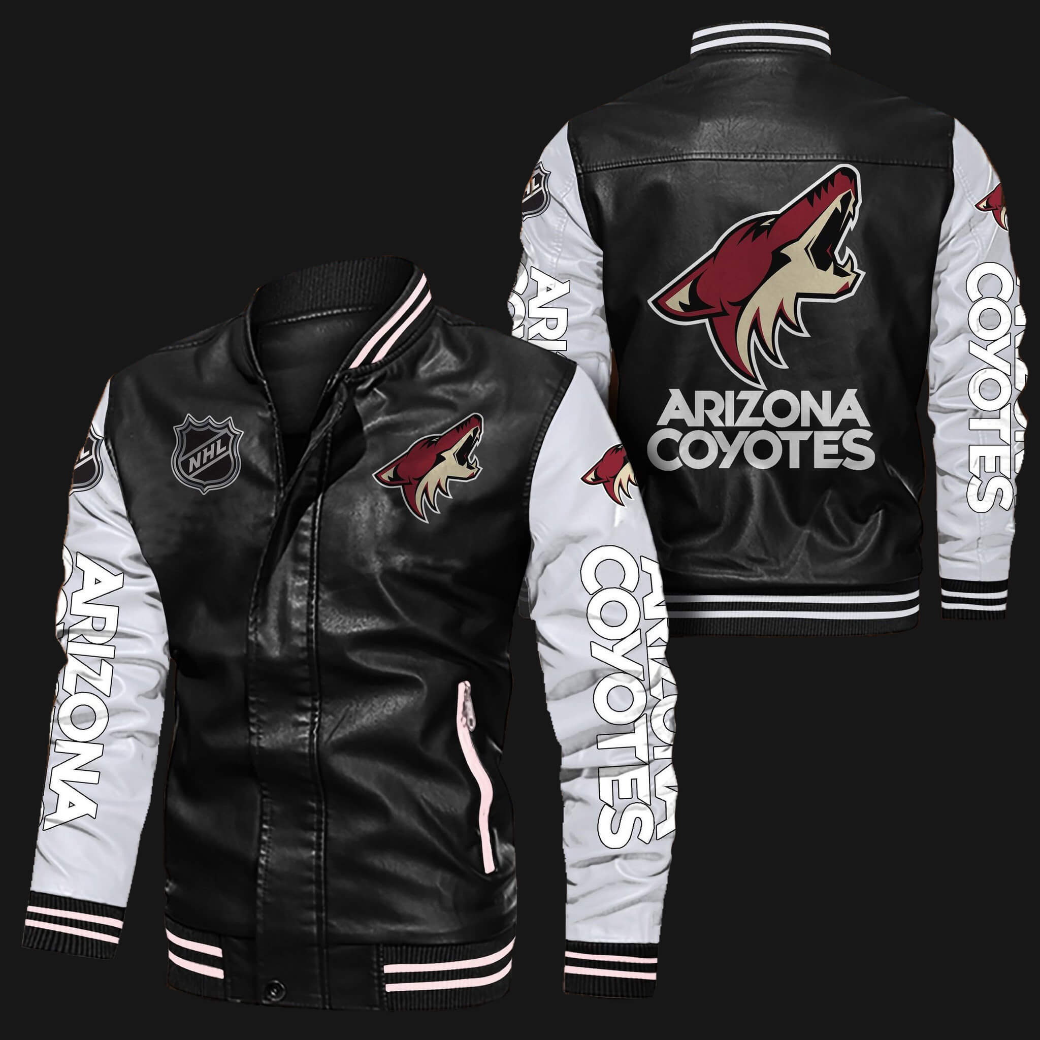 Arizona Coyotes Black White Bomber Leather Jacket Arizona Coyotes Black White Bomber Leather Jacket