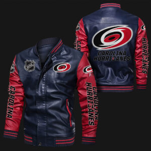 Carolina Hurricanes Navy Red Bomber Leather Jacket