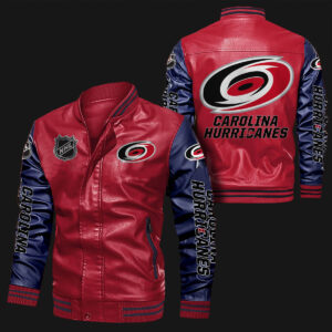 Carolina Hurricanes Red Navy Bomber Leather Jacket