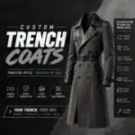Custom black leather trench coat for men featuring a double-breasted design, waist belt, and tailored customization options for pockets, cuffs, and collar.
