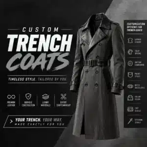 Custom black leather trench coat for men featuring a double-breasted design, waist belt, and tailored customization options for pockets, cuffs, and collar.