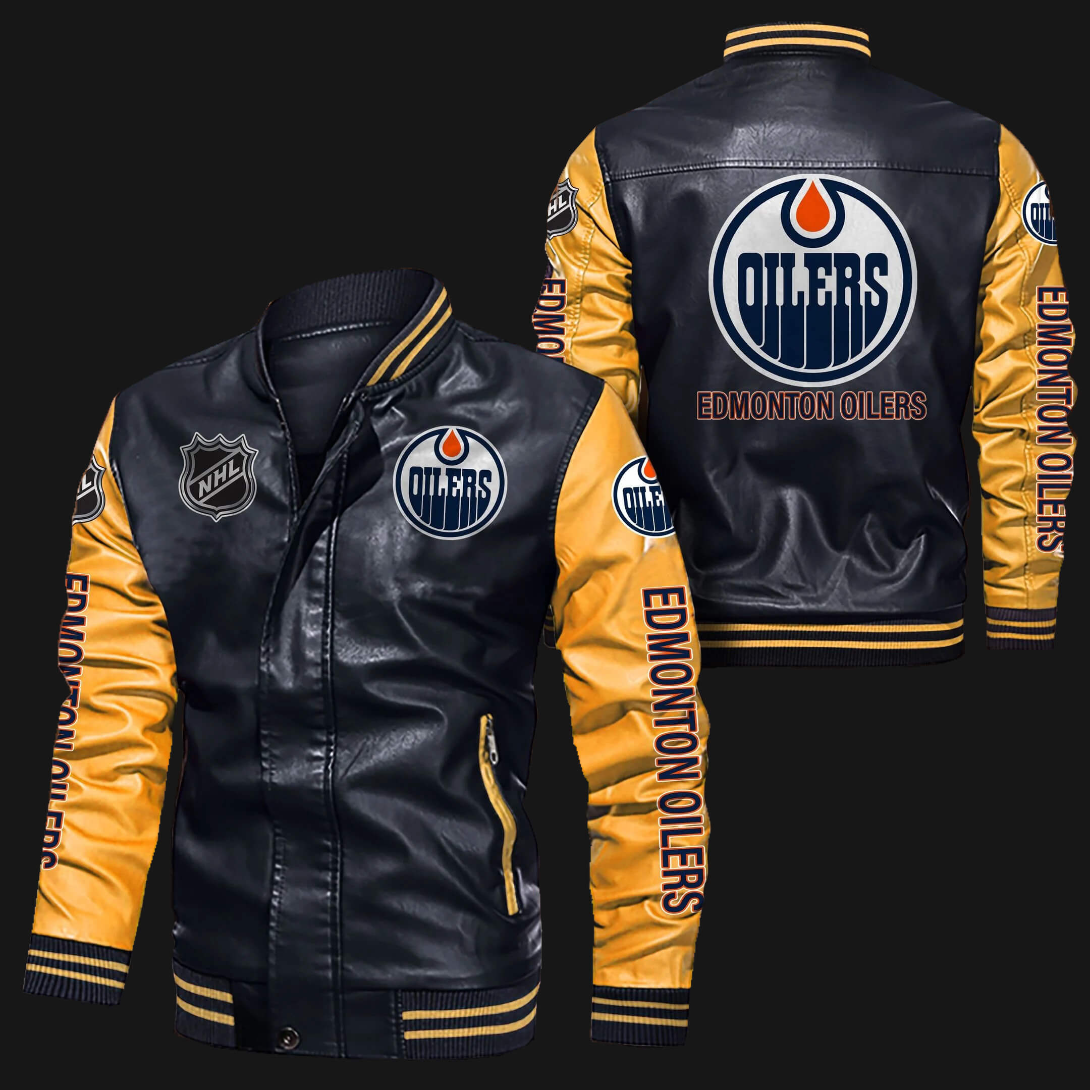Edmonton Oilers Black Yellow Bomber Leather Jacket Edmonton Oilers Black Yellow Bomber Leather Jacket