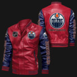 Edmonton Oilers Red Navy Bomber Leather Jacket