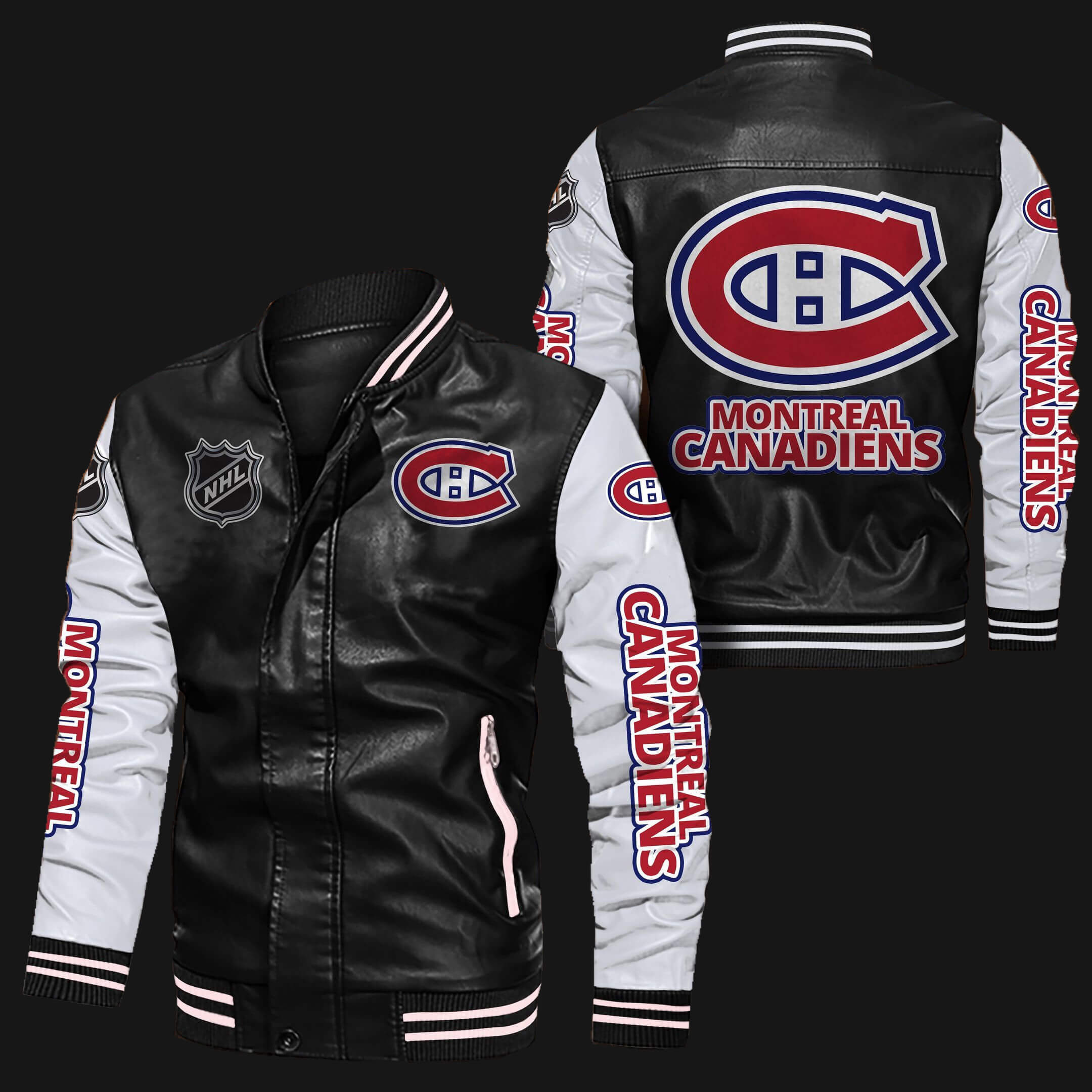Montreal Canadiens Black White Bomber Leather Jacket Montreal Canadiens Black White Bomber Leather Jacket