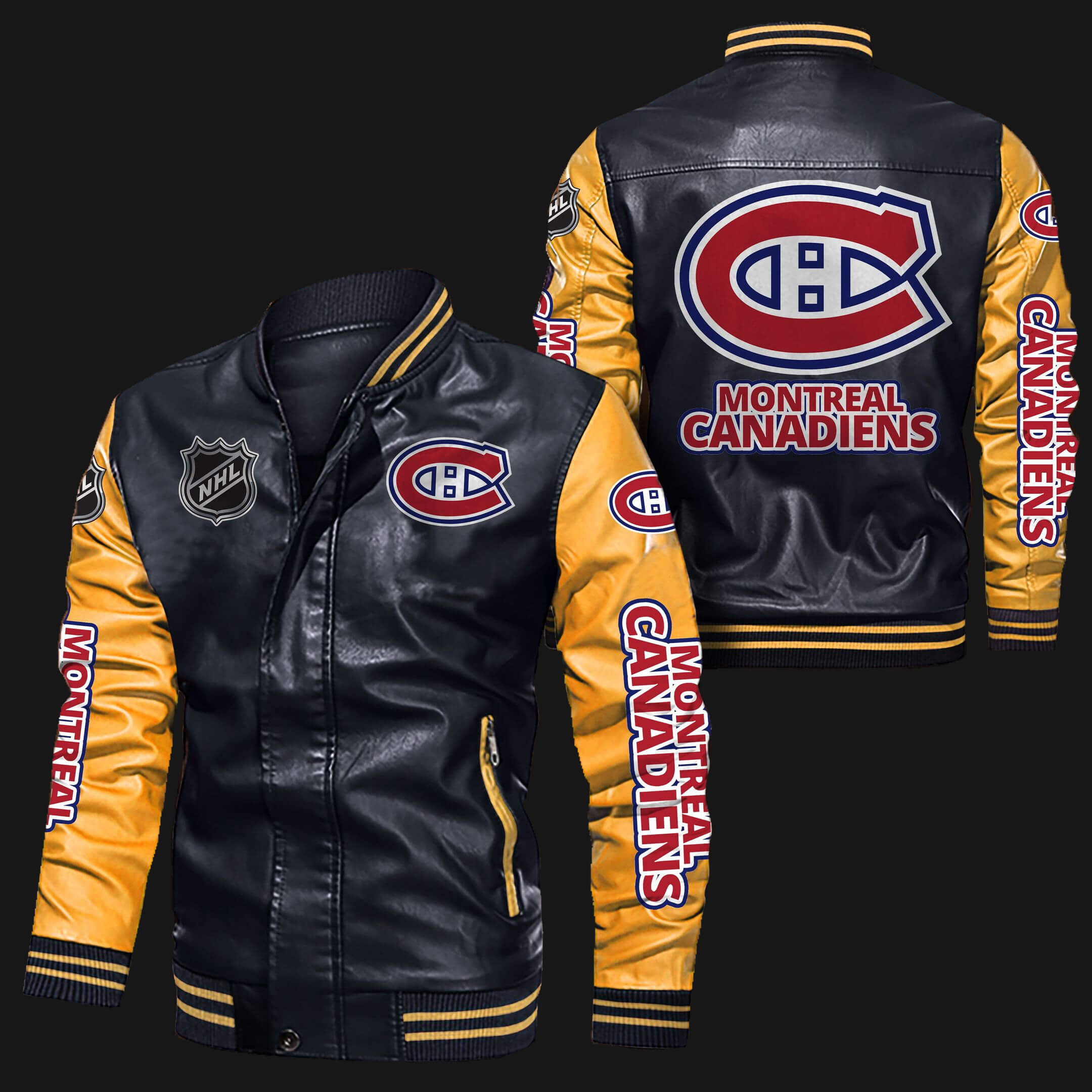 Montreal Canadiens Black Yellow Bomber Leather Jacket Montreal Canadiens Black Yellow Bomber Leather Jacket