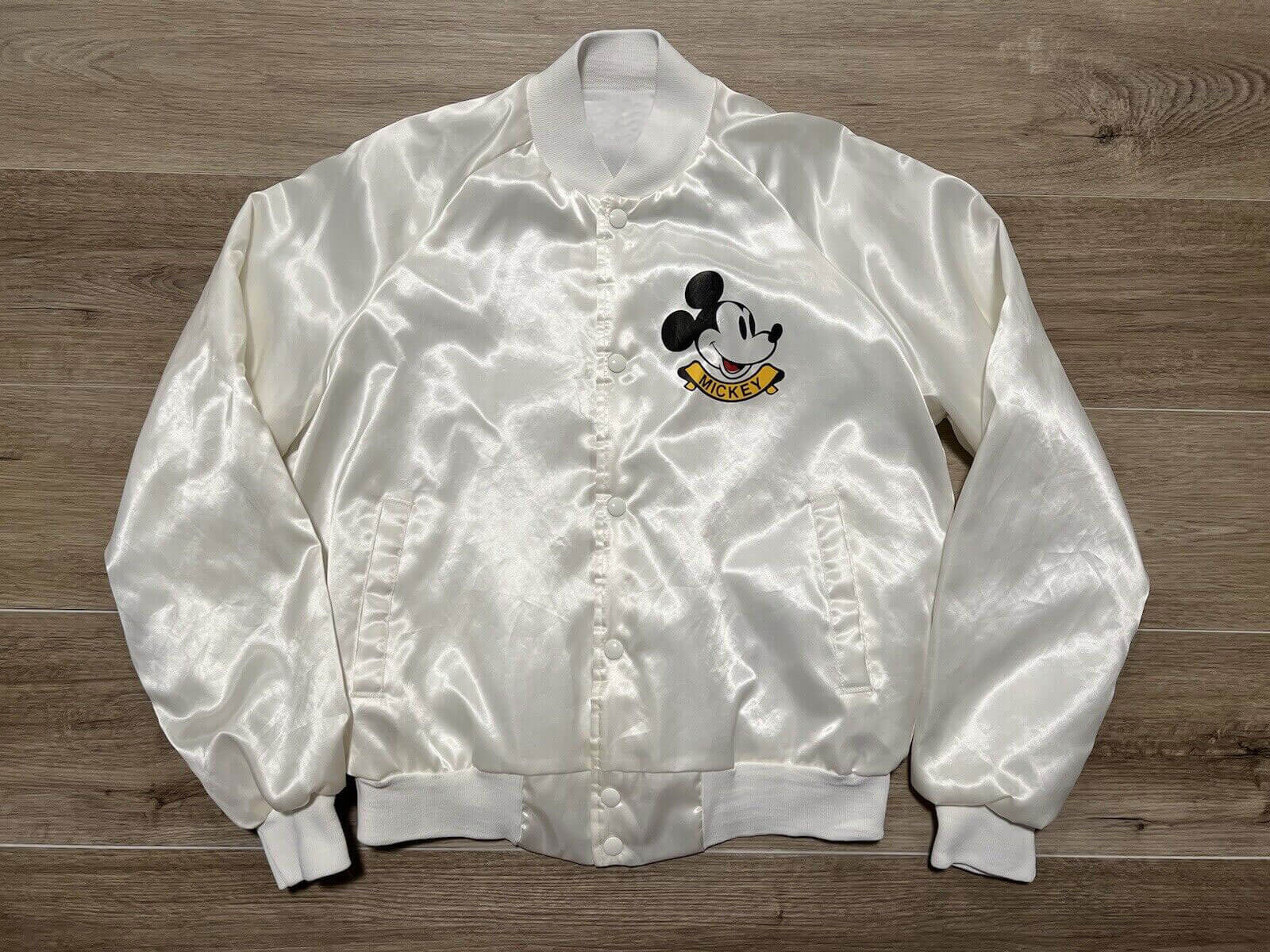Vintage Disney Chalk Line Mickey Mouse White Satin Jacket Maker of Jacket