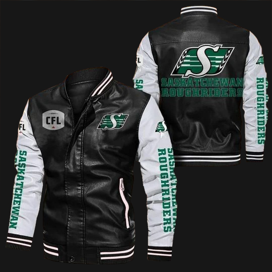 Black-White-Saskatchewan-Roughriders-Leather-Bomber-Jacket-1 Black-White-Saskatchewan-Roughriders-Leather-Bomber-Jacket
