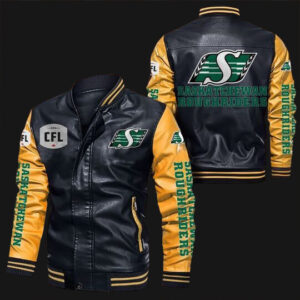 Black-Yellow-Saskatchewan-Roughriders-Leather-Bomber-Jacket