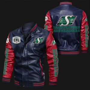 Blue-Red-Saskatchewan-Roughriders-Leather-Bomber-Jacket