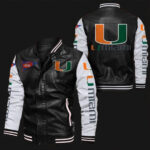 Miami Hurricanes Black White NCAA Bomber Leather Jacket