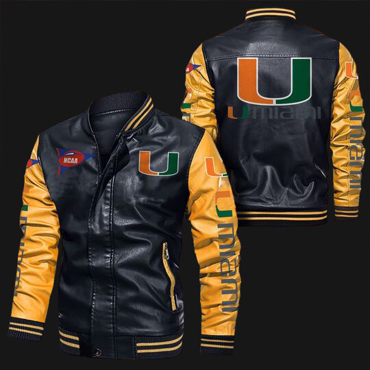 Miami Hurricanes Black Yellow NCAA Bomber Leather Jacket Miami Hurricanes Black Yellow NCAA Bomber Leather Jacket