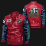 Red-Blue-Saskatchewan-Roughriders-Leather-Bomber-Jacket