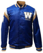 Winnipeg Blue Bombers Shut Out Satin Jacket front view in royal blue with gold and white accents, featuring team logo 'W' on chest.