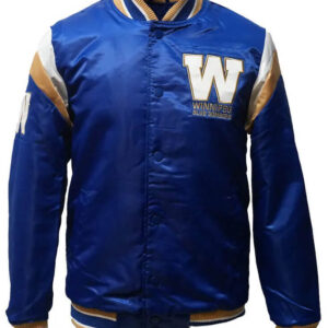Winnipeg Blue Bombers Shut Out Satin Jacket front view in royal blue with gold and white accents, featuring team logo 'W' on chest.
