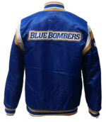 Winnipeg Blue Bombers Shut Out Satin Jacket back view in royal blue with gold and white accents, showcasing large 'Blue Bombers' text logo.
