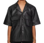 Black-Short-Sleeves-Button-Up-Chest-Flap-Pockets-Leather-Shirts