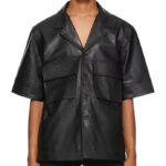 Black-Short-Sleeves-Button-Up-Chest-Flap-Pockets-Leather-Shirts