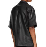 Black-Short-Sleeves-Button-Up-Chest-Flap-Pockets-Leather-Shirts