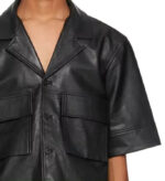 Black-Short-Sleeves-Button-Up-Chest-Flap-Pockets-Leather-Shirts