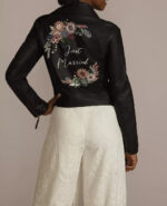 Floral Just Married Biker Black Leather Jacket