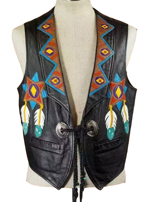 Men's-Vintage-Native-American-Style-Black-Leather-Vest-1 Men's-Vintage-Native-American-Style-Black-Leather-Vest